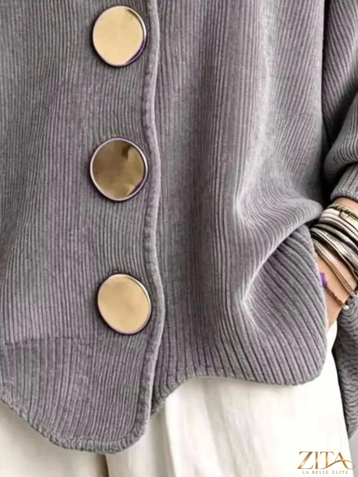 Plus size ribbed knit cardigan with gold buttons by Zita La Belle Elite, showcasing its full front view and textured fabric.