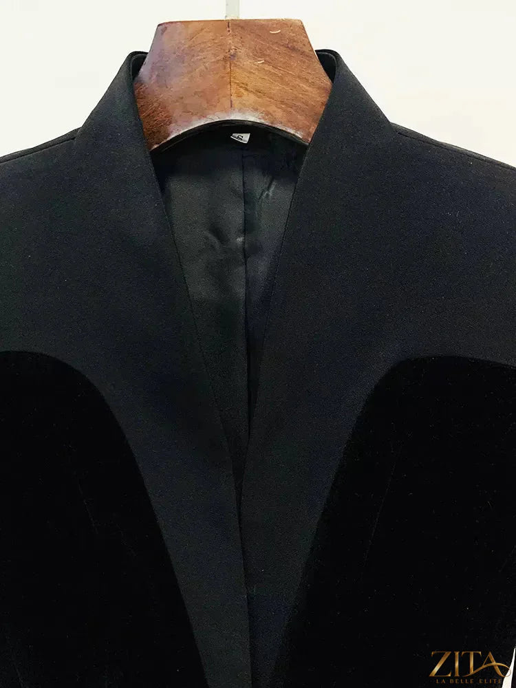 Velvet-paneled blazer with stand-up collar by Zita La Belle Elite, featuring sleek design and tailored fit.