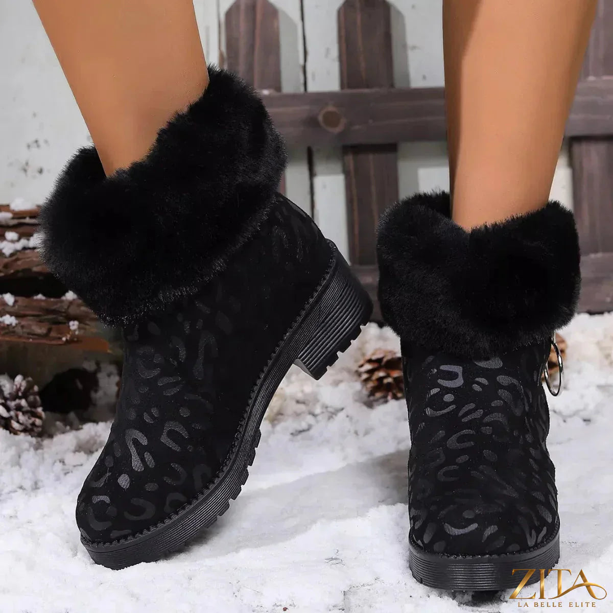Zita La Belle Elite fuzzy cuff leopard print ankle boots with plush fur detail and stylish design.