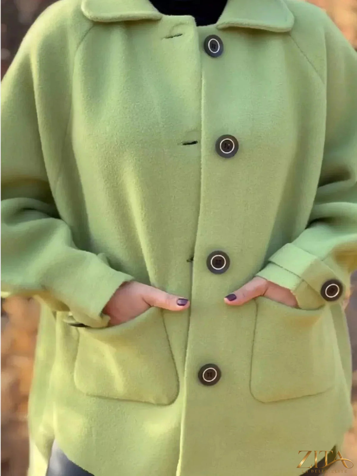 Full size button-front raglan sleeve coat by Zita La Belle Elite, showing navy fabric with large buttons and a relaxed fit.