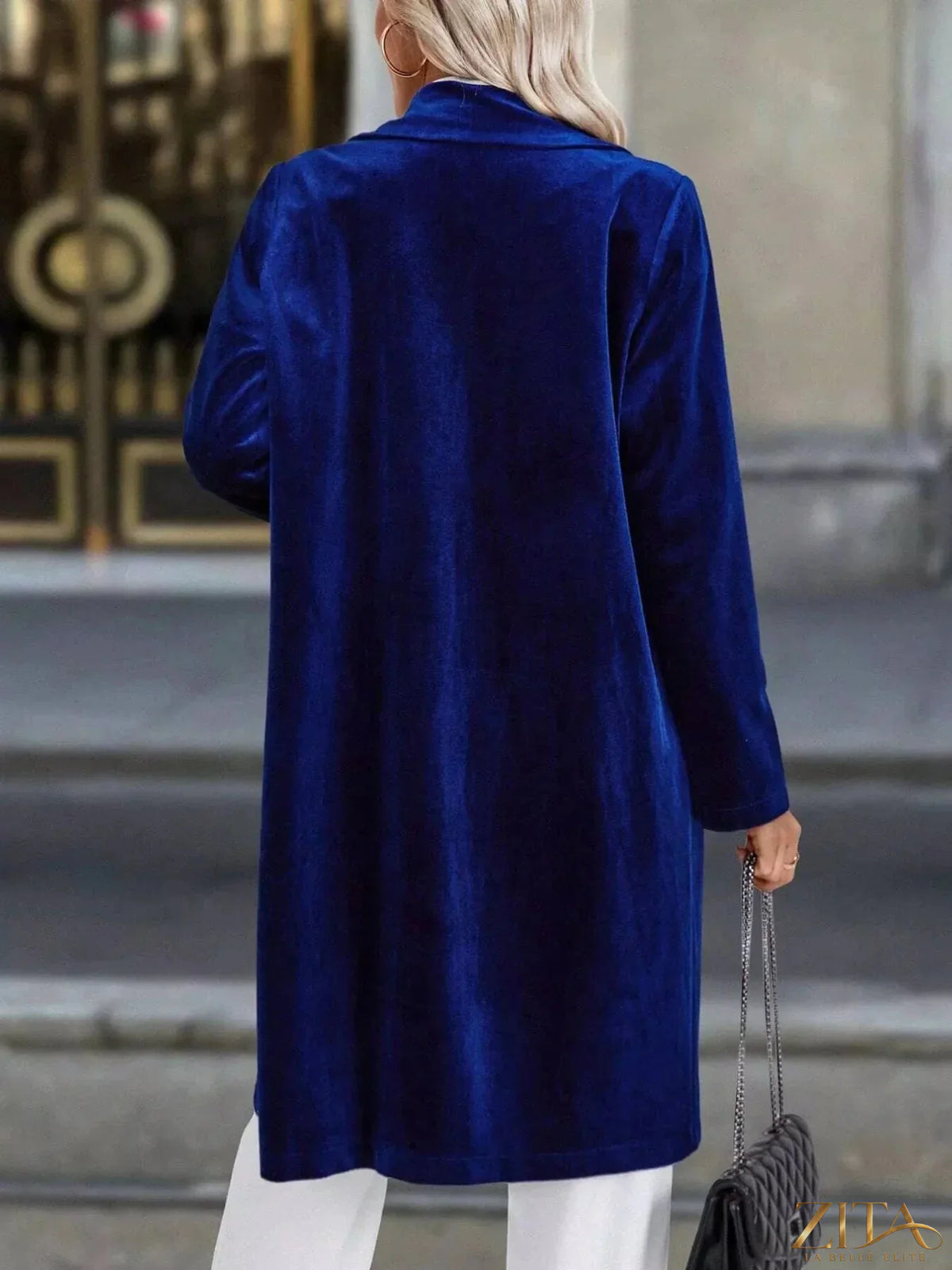 Zita La Belle Elite longline coat with lapel collar, long sleeves, and a sleek, tailored design in a stylish fashion silhouette