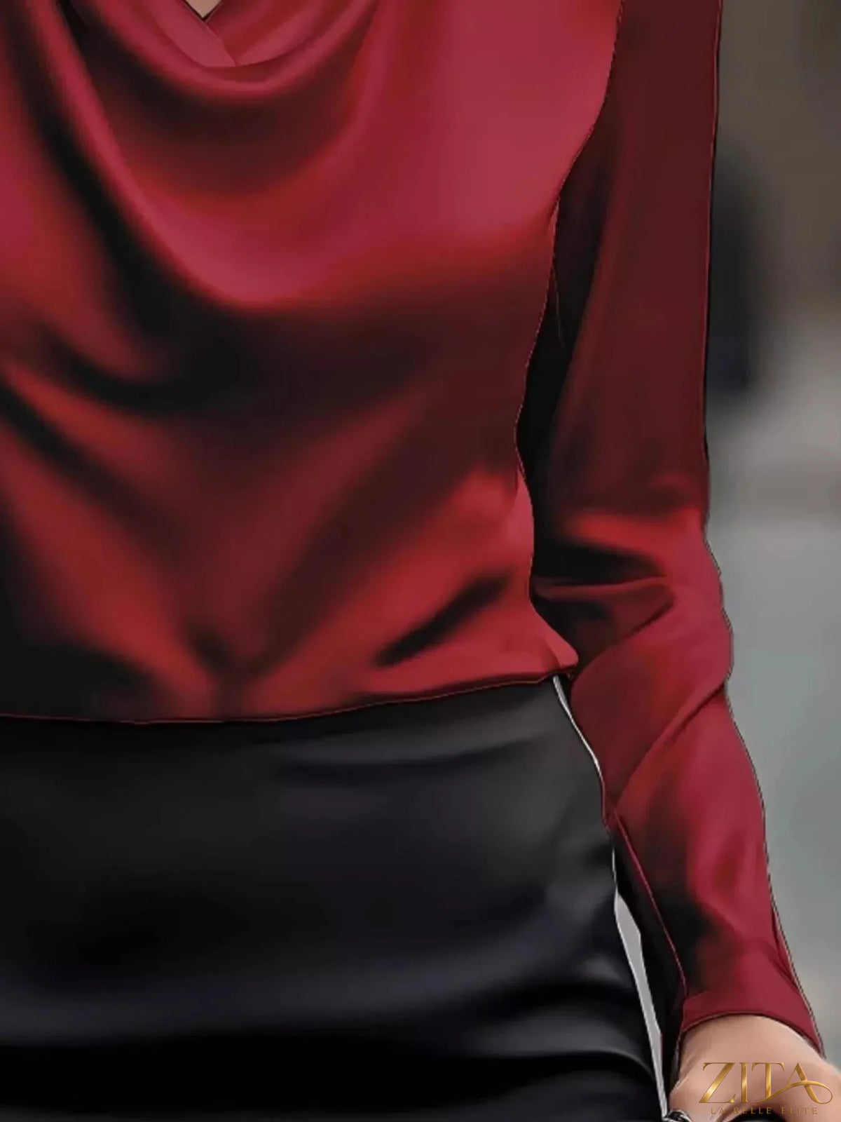Plus size satin cowl neck long sleeve blouse by Zita La Belle Elite, featuring a smooth, shiny fabric and elegant drape.