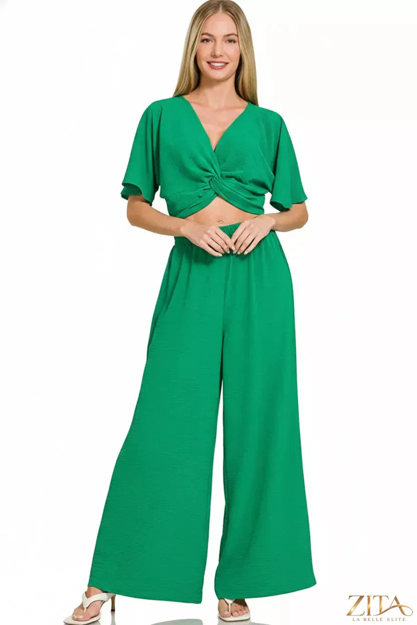Zenana woven airflow twisted top and wide-leg pants set by Zita La Belle Elite, featuring a stylish, breathable fabric and relaxed fit.