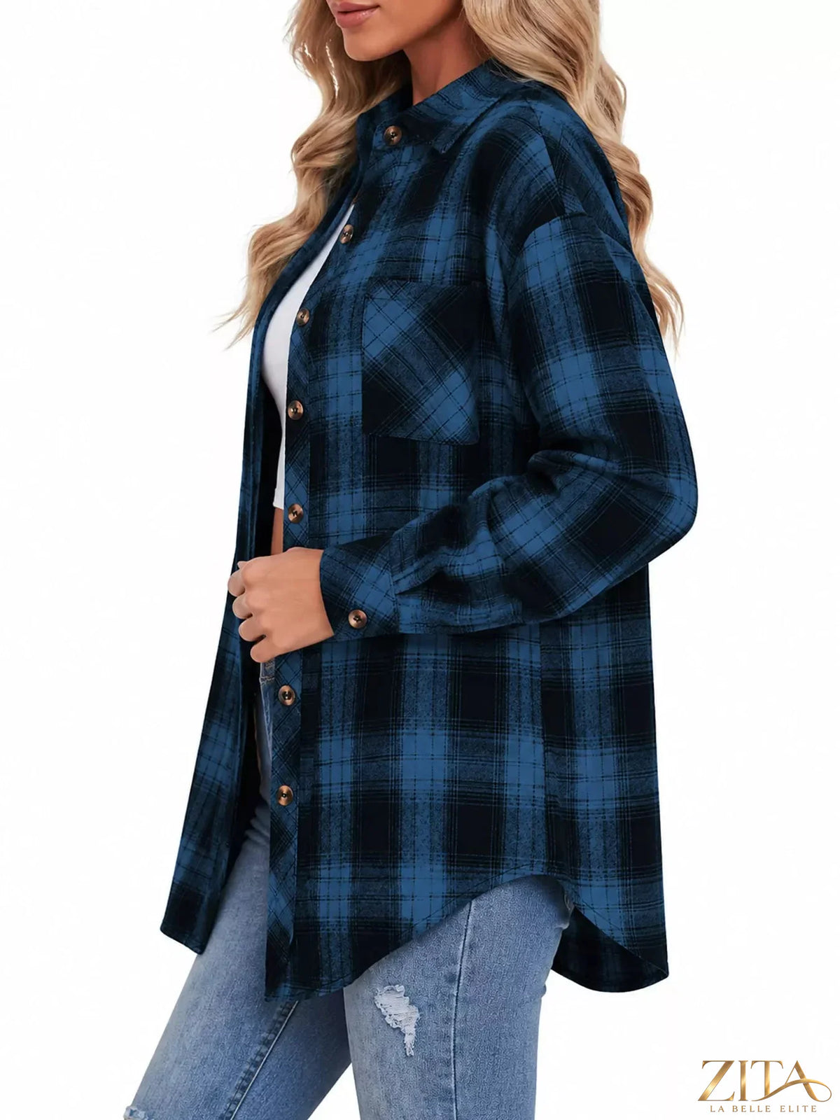 Zita La Belle Elite plaid button-down oversized shirt with long sleeves and classic collar, featuring a stylish checkered pattern.