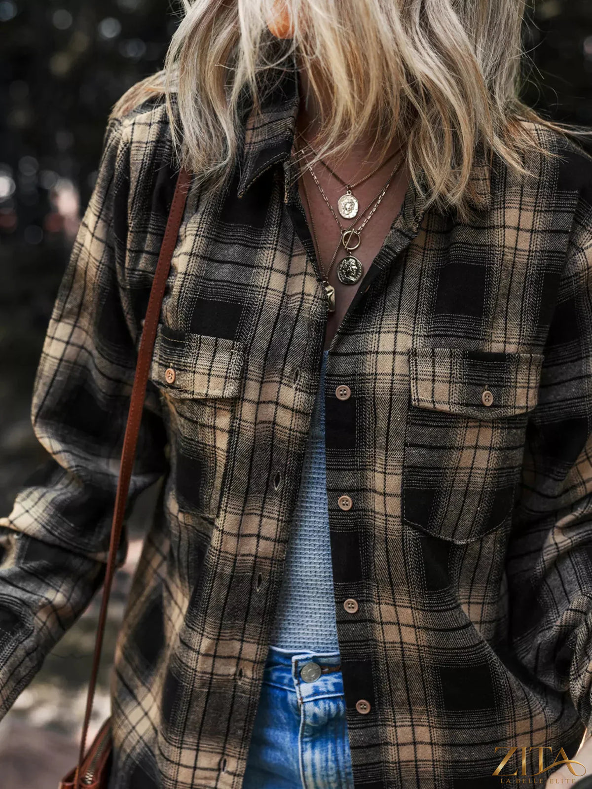 Zita La Belle Elite plaid brushed shacket with double flap pockets, featuring a stylish and cozy double-layer design.