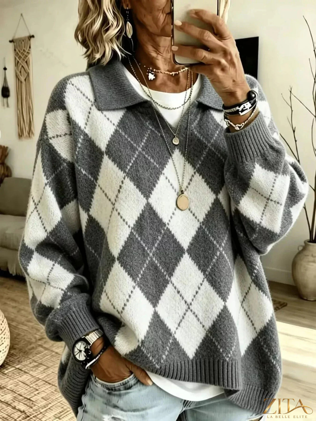 Zita La Belle Elite argyle pattern collared pullover sweater in cozy knit fabric with ribbed cuffs and neckline.