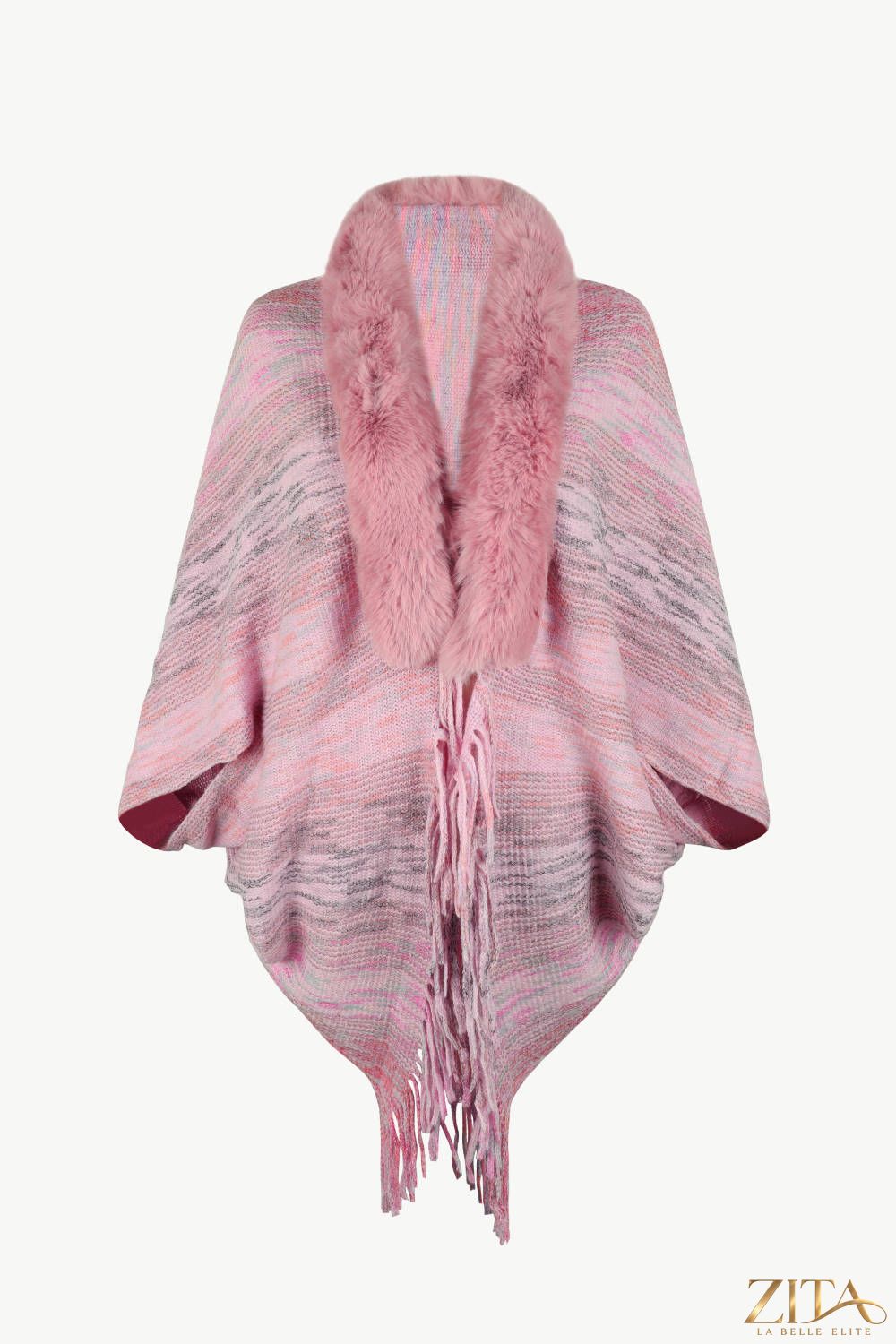 Open front fringe hem poncho by Trendsi, featuring a flowing design with fringe details and a cozy, stylish fit.