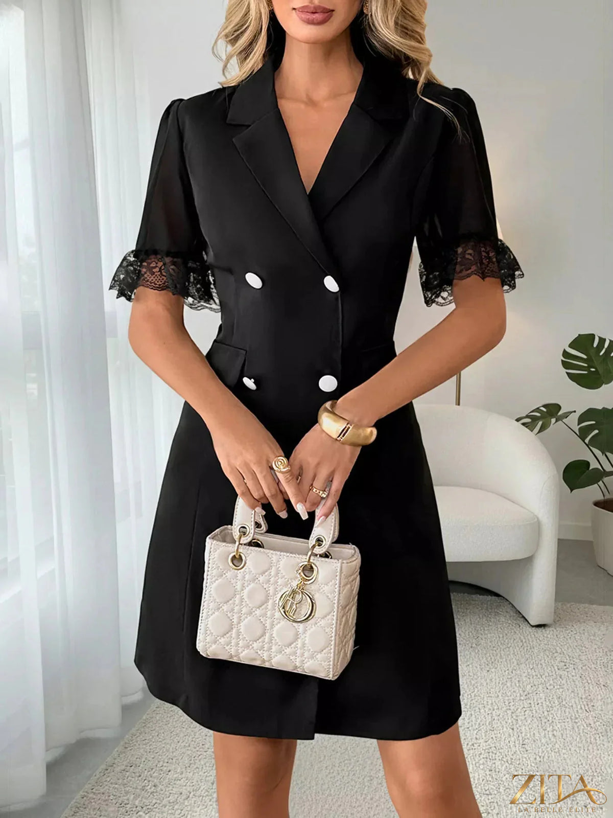 Lace detail double-breasted blazer dress from Trendsi, featuring structured fit and stylish lapels, on a plain background.