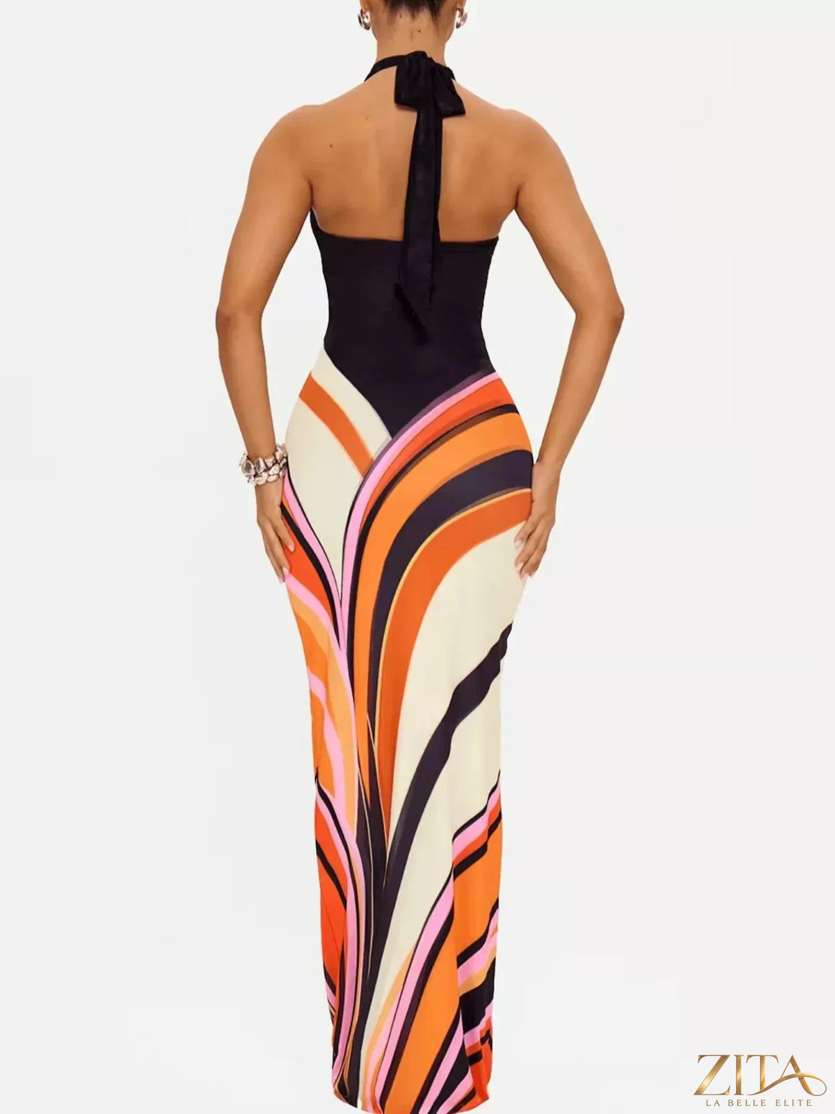 Zita La Belle Elite halter neck maxi dress with an abstract print, flowing fabric, and elegant design for summer occasions.