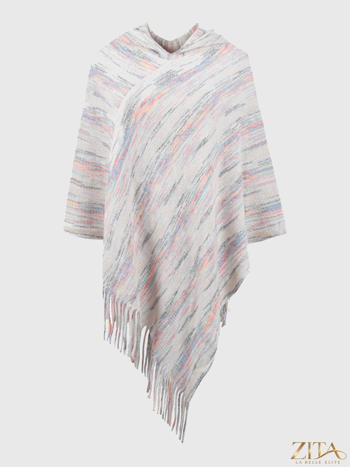 Zita La Belle Elite fringe hem hooded poncho in soft fabric with tassel details, displayed on a hanger.