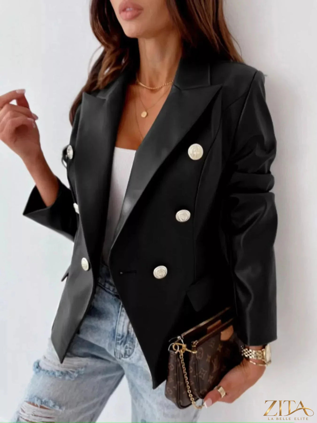 Zita La Belle Elite leather blazer with lapel collar, tailored fit, and stylish design, shown on a model.