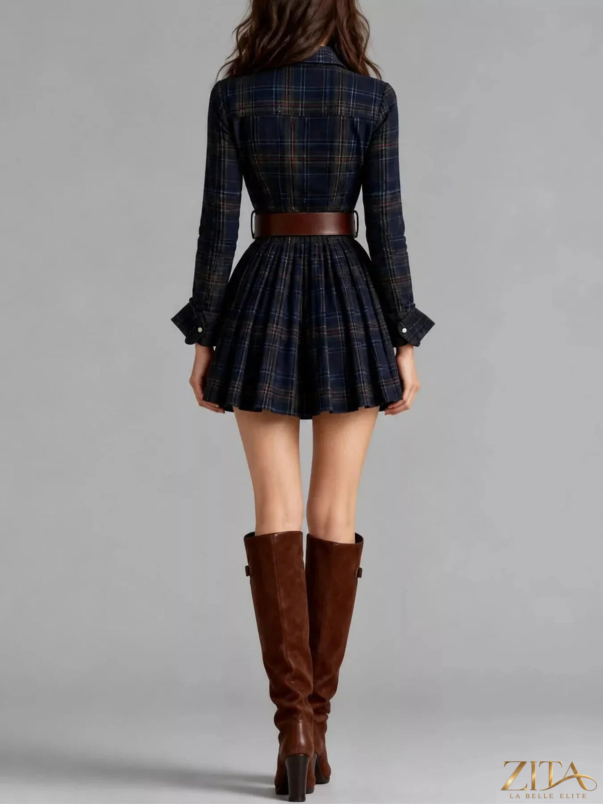 Zita La Belle Elite plaid long-sleeve shirt dress with a classic checkered pattern, button-front design, and collar detail.
