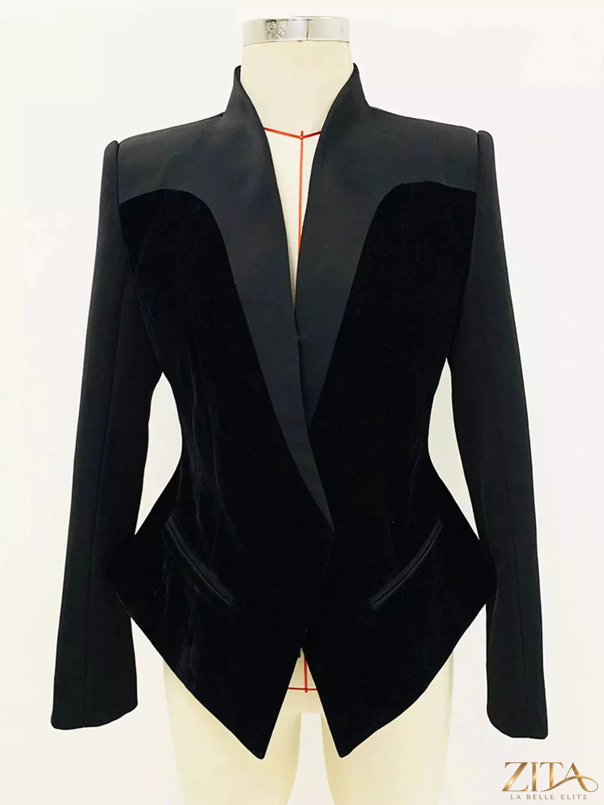 Velvet-paneled blazer with stand-up collar by Zita La Belle Elite, featuring a tailored fit and elegant design.