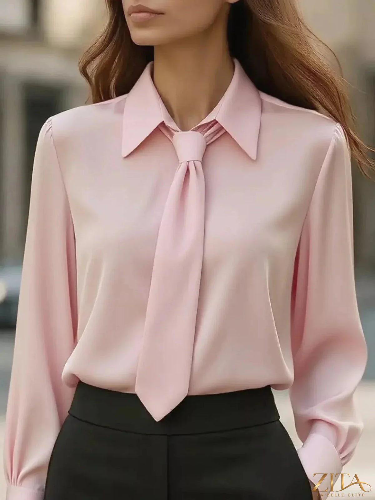 Zita La Belle Elite tie-neck long sleeve blouse with elegant design and fabric, displayed on a neutral background.