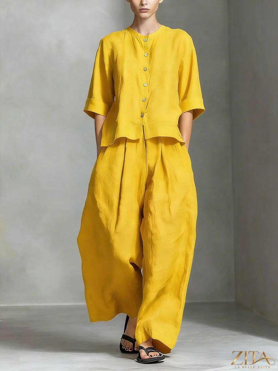 Zita La Belle Elite three-quarter sleeve shirt and loose trousers two-piece set, stylish and comfortable ensemble for casual wear.