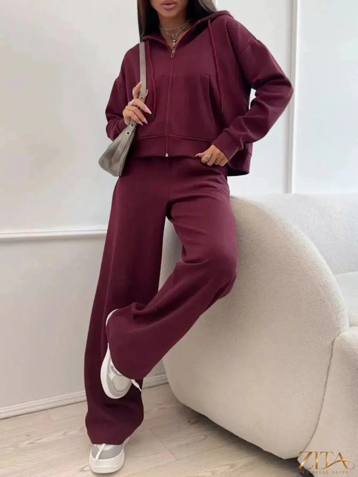 Zita La Belle Elite zip-up hoodie and wide-leg pants set in soft fabric, shown on a model with casual, relaxed fit.