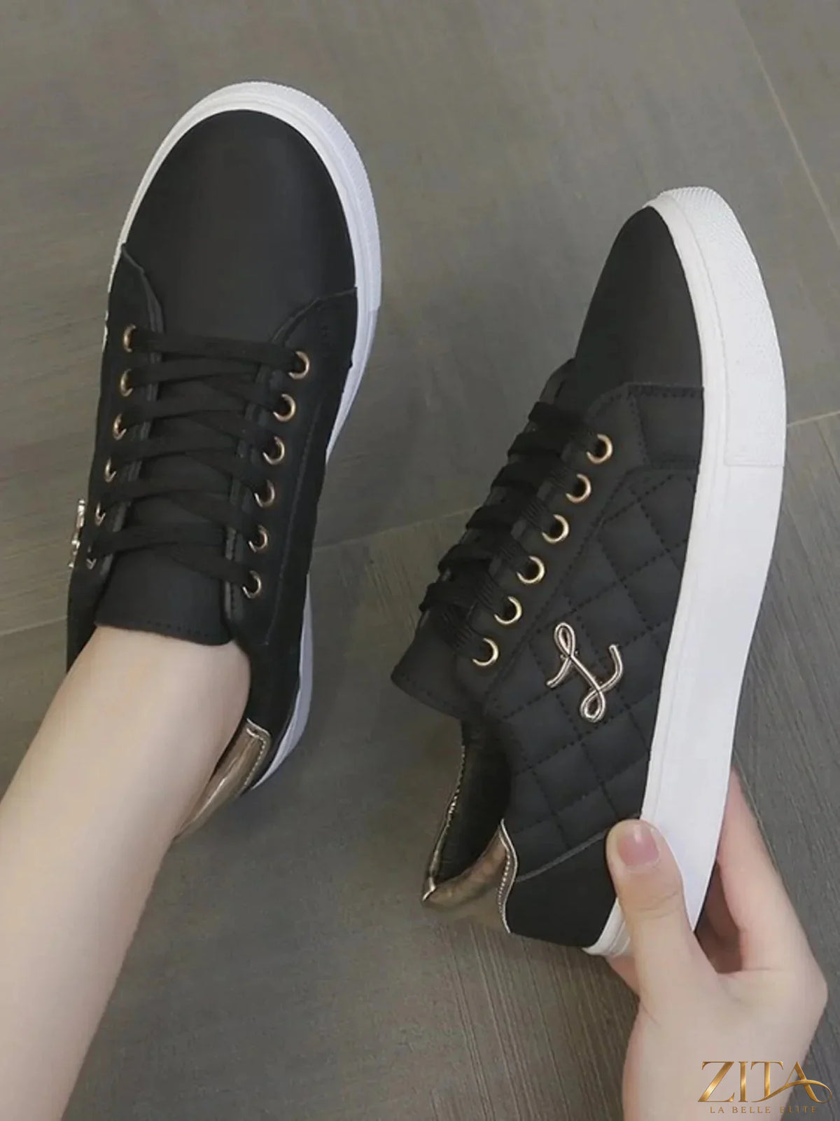Zita La Belle Elite quilted platform sneakers with metallic gold accents, stylish and comfortable footwear for casual wear