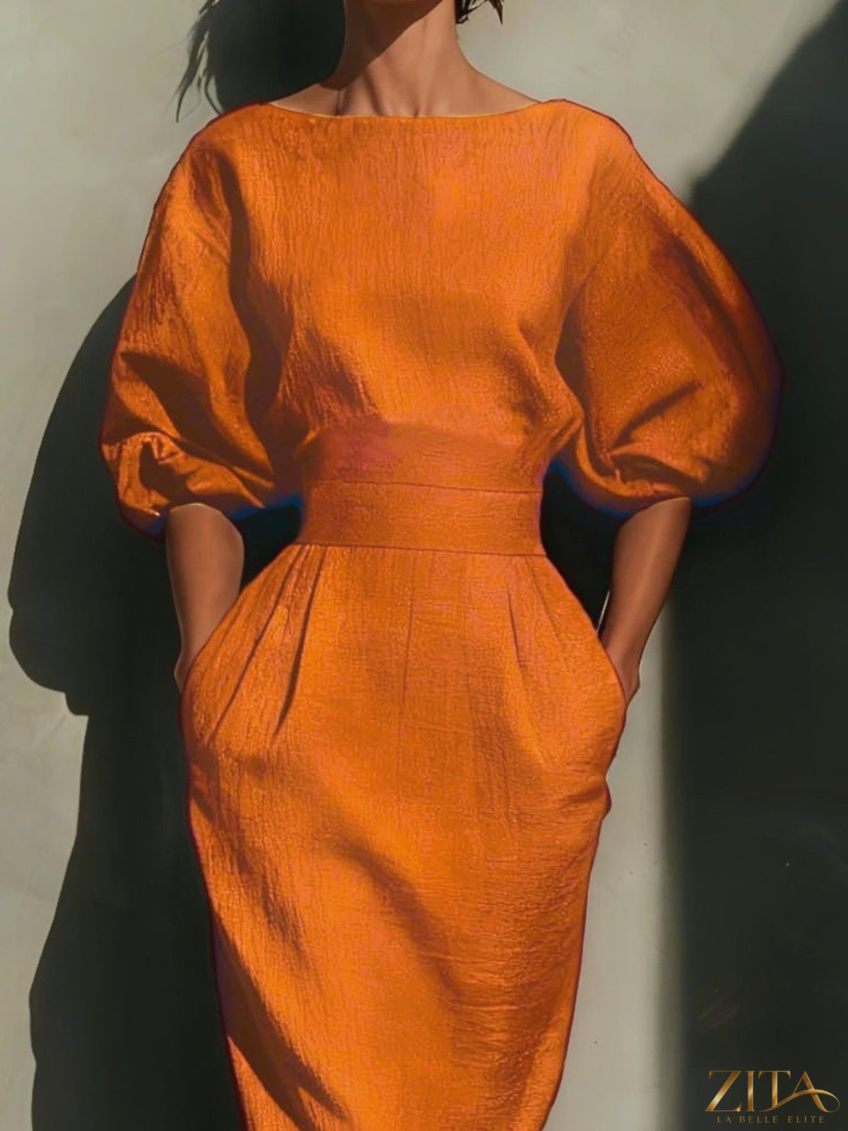 Zita La Belle Elite round neck midi dress with puff sleeves, shown in a stylish design perfect for casual or semi-formal occasions.
