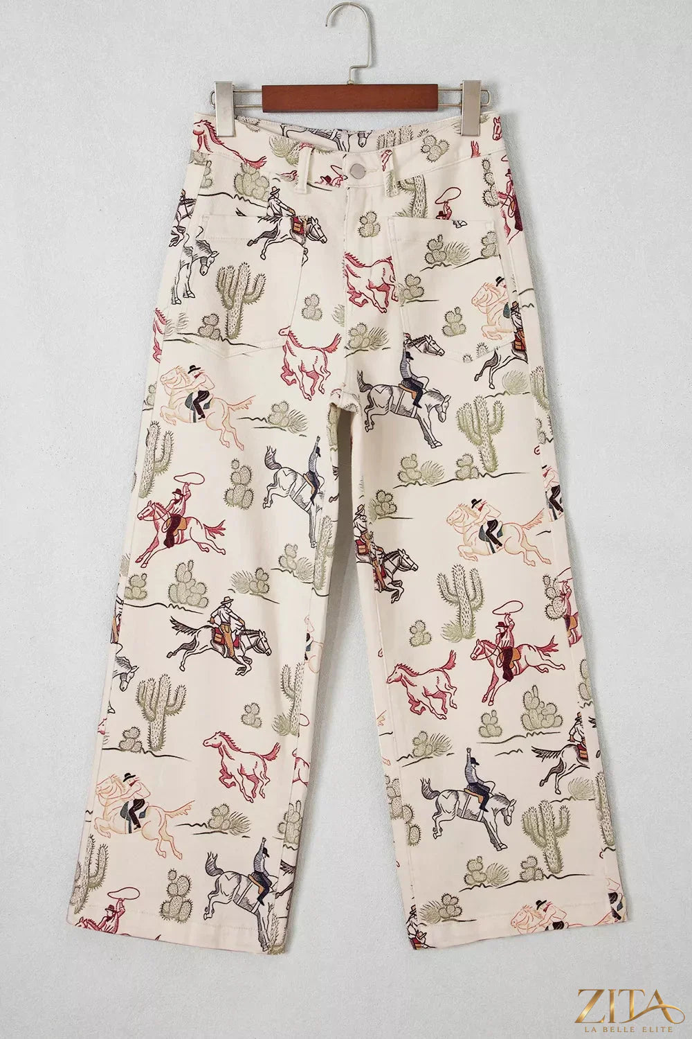 Zita La Belle Elite Western print straight leg ankle-length pocket jeans with classic five-pocket design and denim fabric.