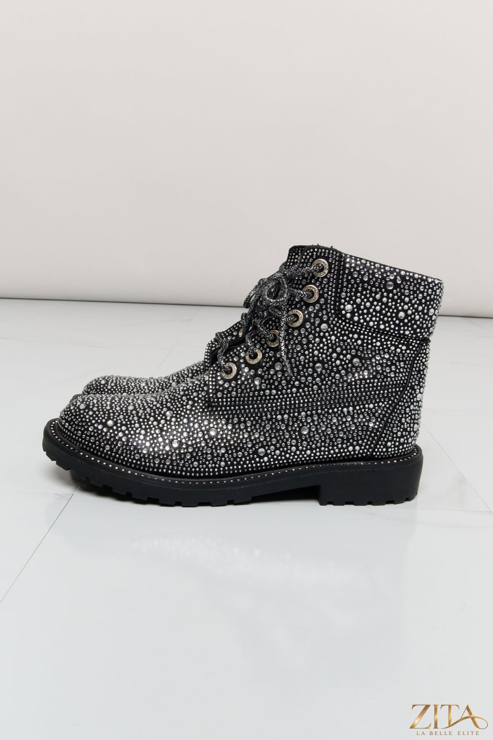 Zita La Belle Elite Forever Link rhinestone lace-up combat boots with silver detailing and chunky sole, close-up view.