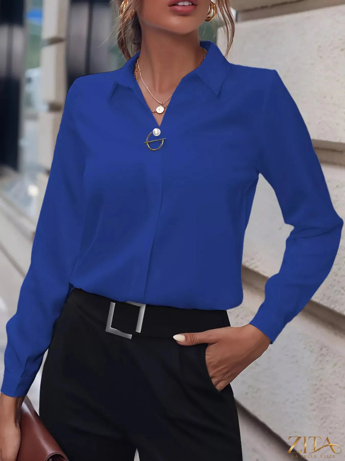 Zita La Belle Elite long sleeve satin blouse in soft, shiny fabric with a classic collar and button-down front.