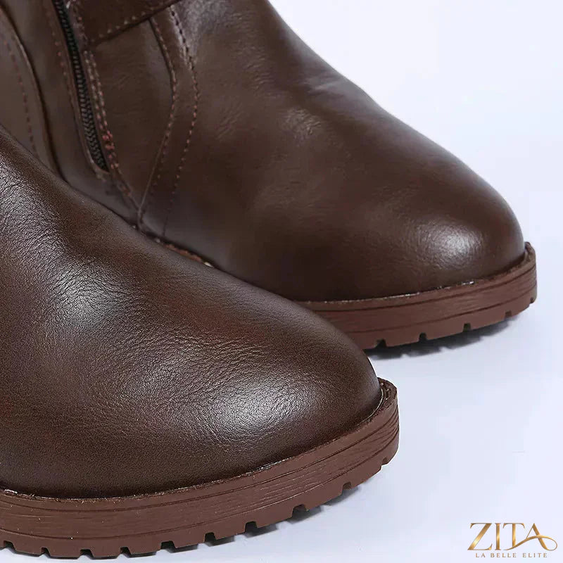 Zita La Belle Elite round toe block heel boots featuring a sleek design and sturdy heel in black leather.