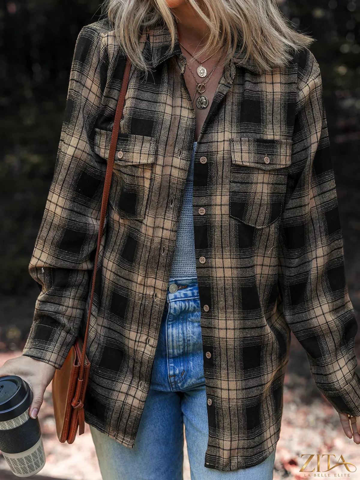Zita La Belle Elite plaid brushed shacket with double flap pockets, featuring a stylish, cozy design in a classic plaid pattern.