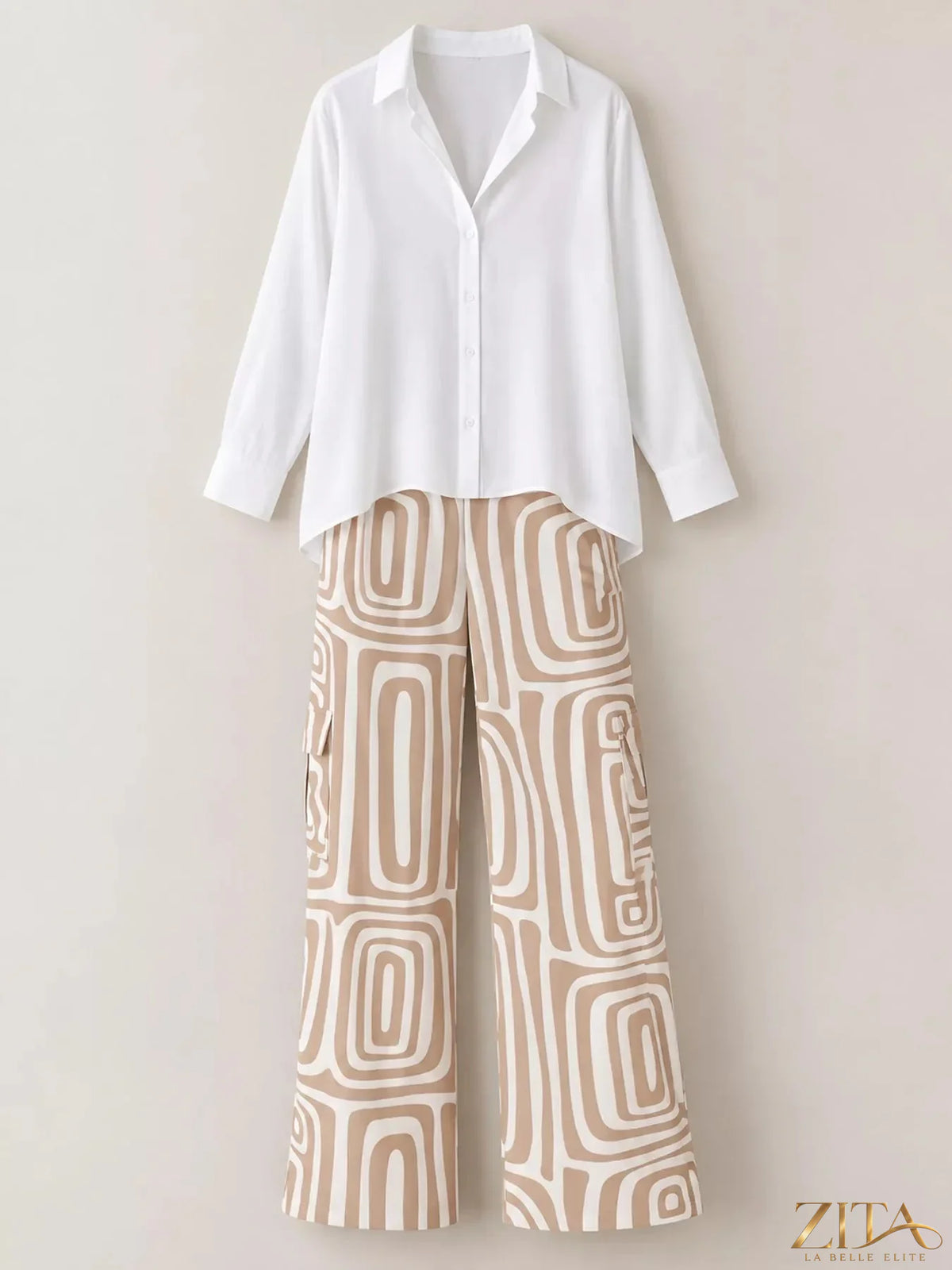 Plus size Zita La Belle Elite button-down shirt and geometric wide-leg pants set, featuring stylish, comfortable, and modern fashion.