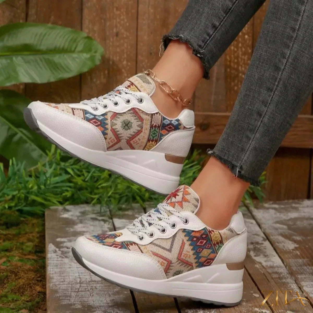 Zita La Belle Elite lace-up wedge sneakers with stylish design, featuring a trendy chunky sole and breathable fabric upper.