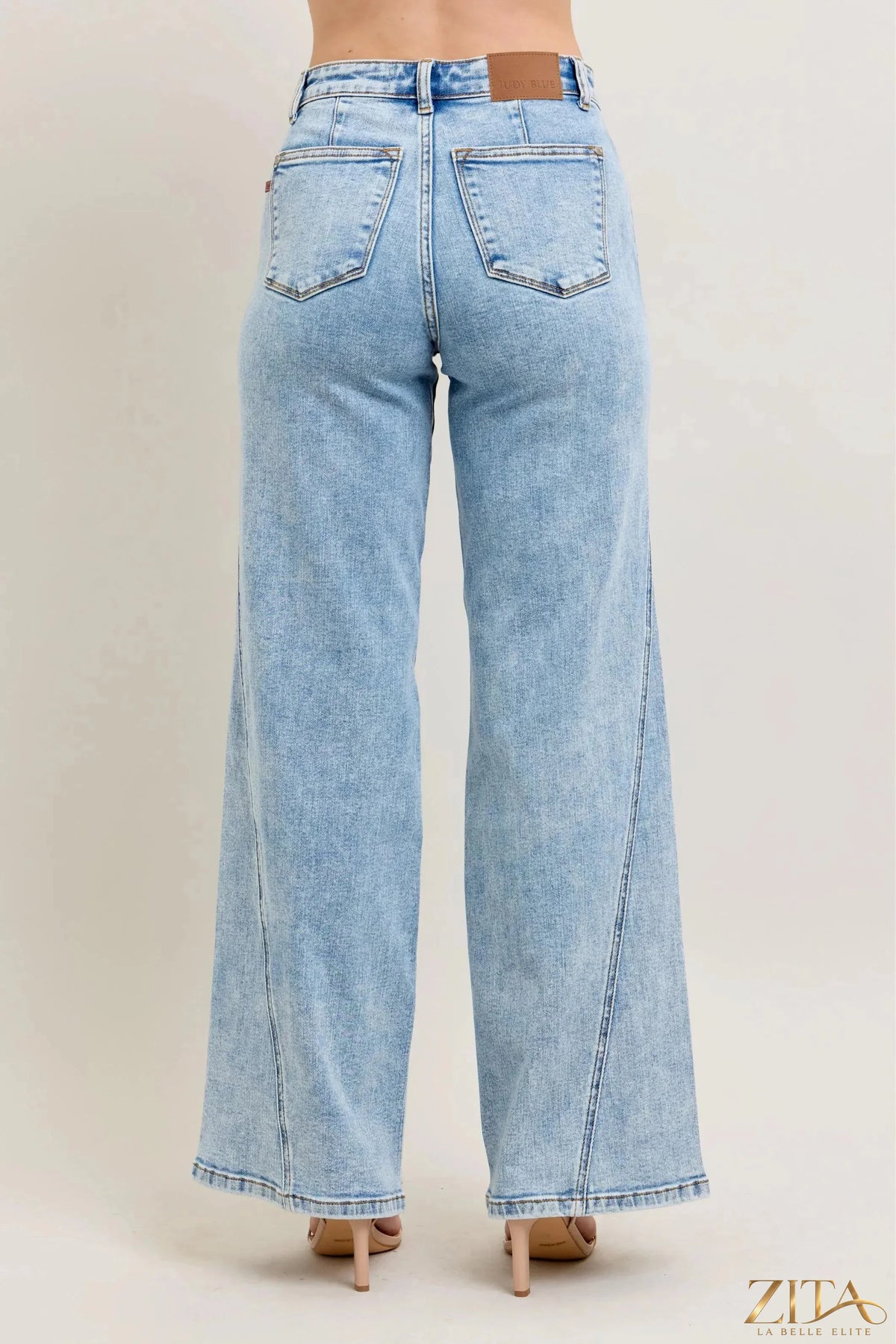 Zita La Belle Elite Judy Blue high waist wide leg jeans with skewed inseam, showcasing denim fabric and stylish fit.