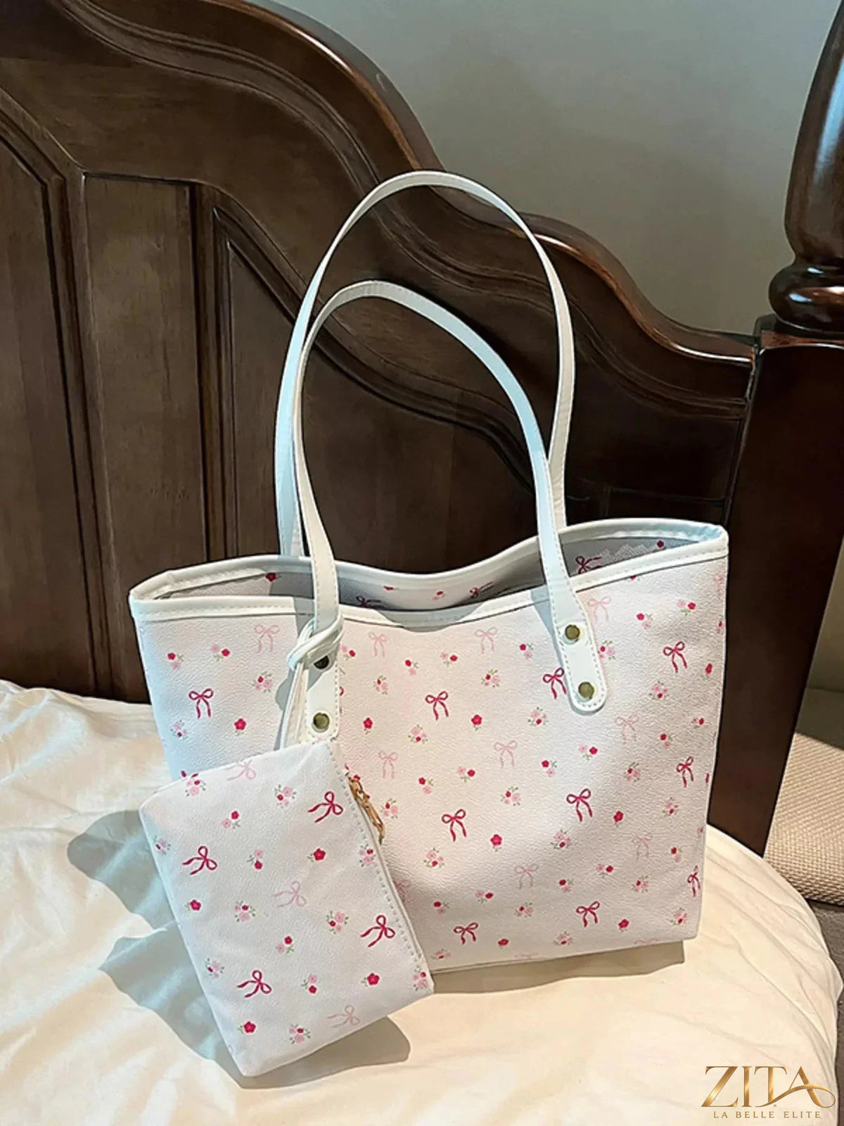 Zita La Belle Elite printed tote shoulder bag with matching pouch, featuring colorful floral design and sturdy handles.