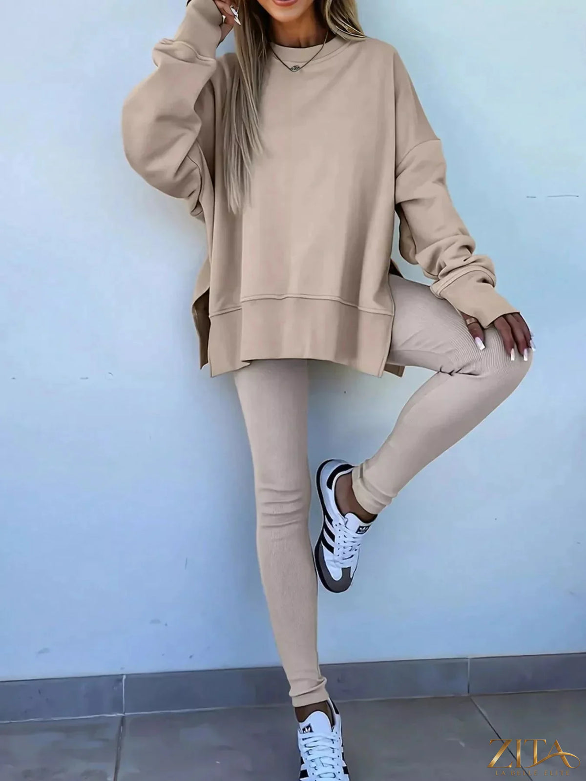 Zita La Belle Elite solid color oversize slit sweatshirt and ribbed leggings 2-piece set, casual loungewear outfit on a model.