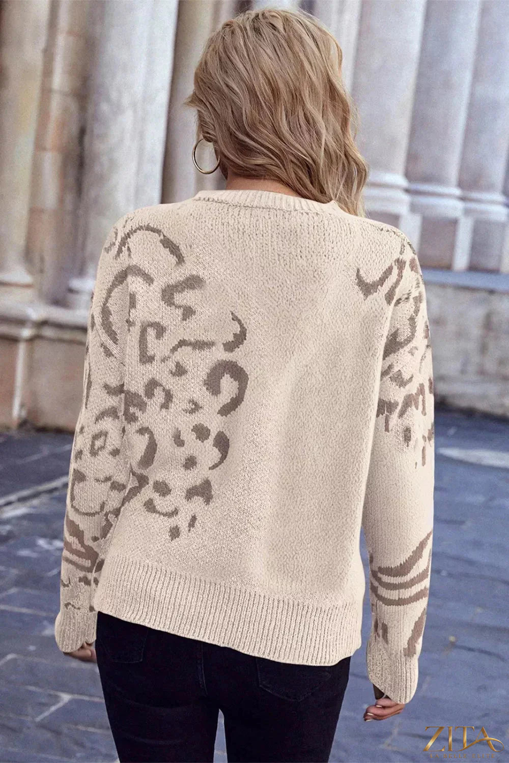 Zita La Belle Elite leopard print relaxed fit sweater with long sleeves and cozy knit fabric.