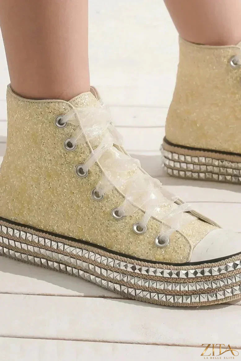 Zita La Belle Elite glitter lace-up platform sneakers with studded details and chunky soles, stylish and eye-catching footwear.