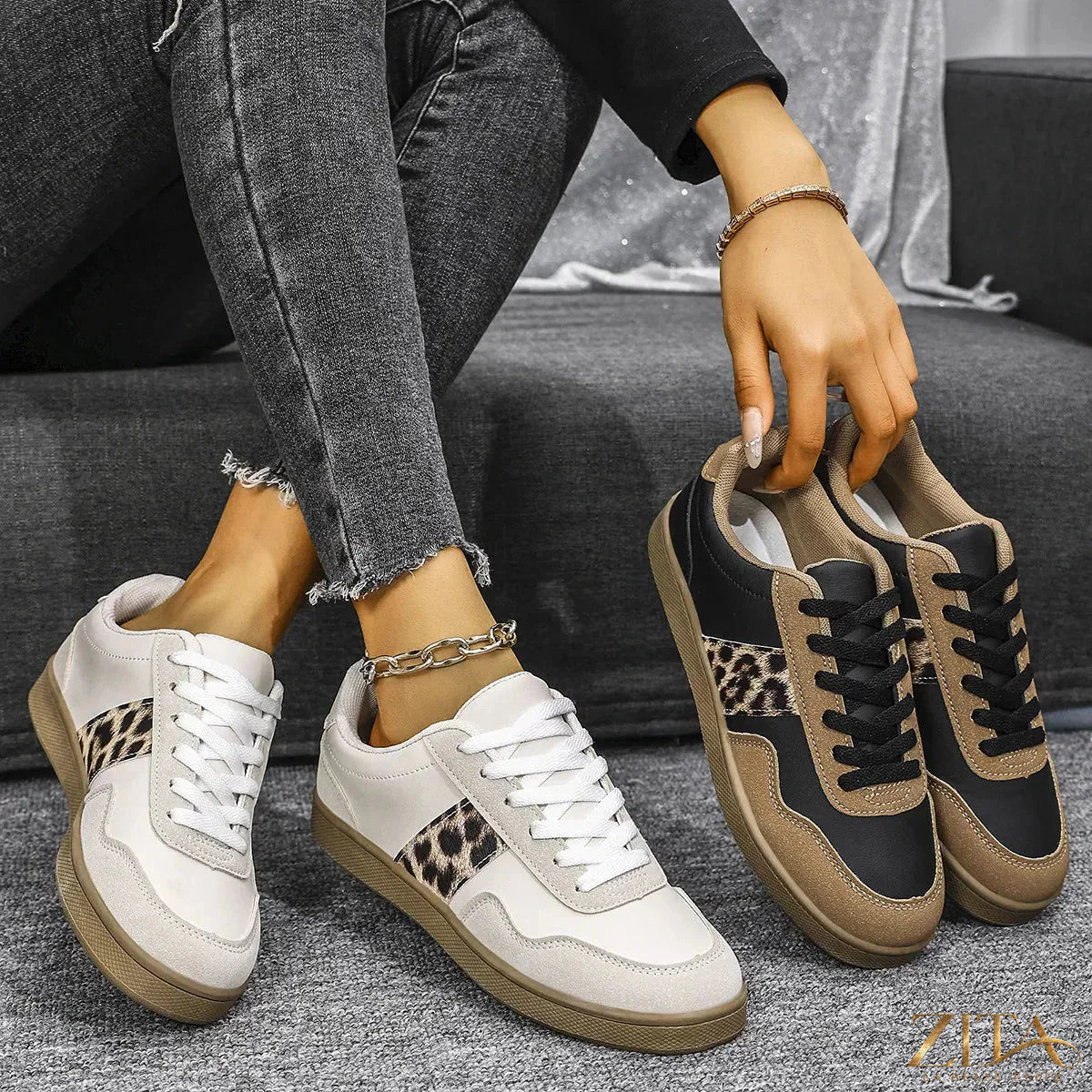 Leopard print lace-up sneakers with round toes from Zita La Belle Elite, featuring a stylish and comfortable design.