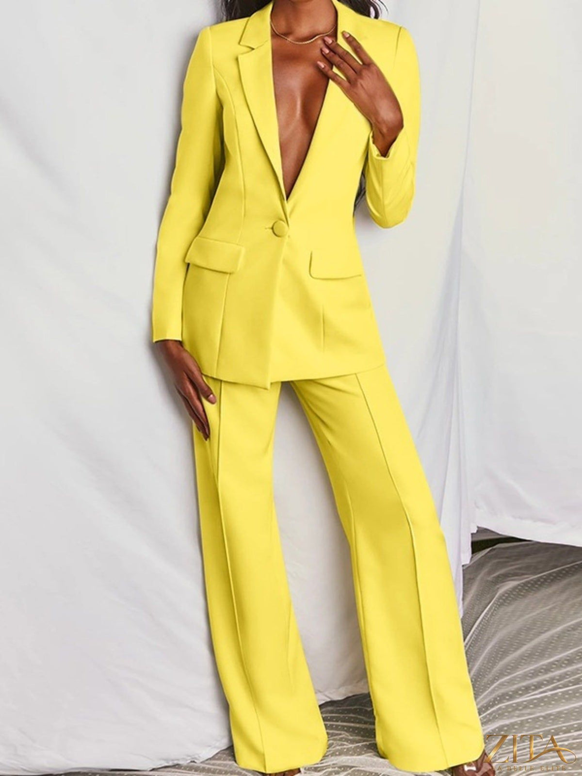 Plus size Zita La Belle Elite blazer and wide-leg pants set, featuring a single-button blazer and flowing trousers.