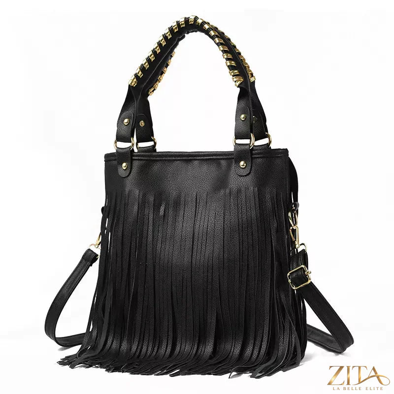 Zita La Belle Elite fringe PU leather handbag with tassel details and top handle, stylish accessory for women.
