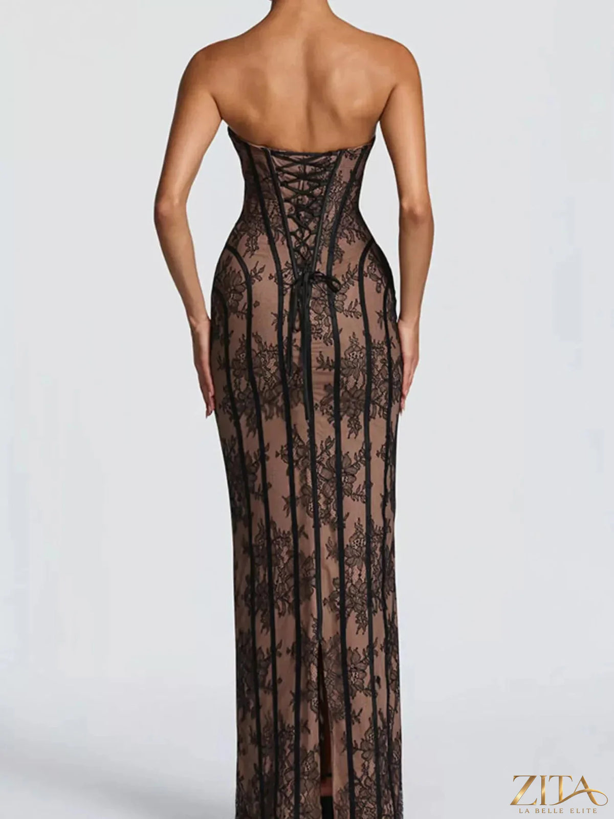 Zita La Belle Elite strapless maxi dress with lace-up back, flowing fabric, and elegant design, perfect for formal occasions.