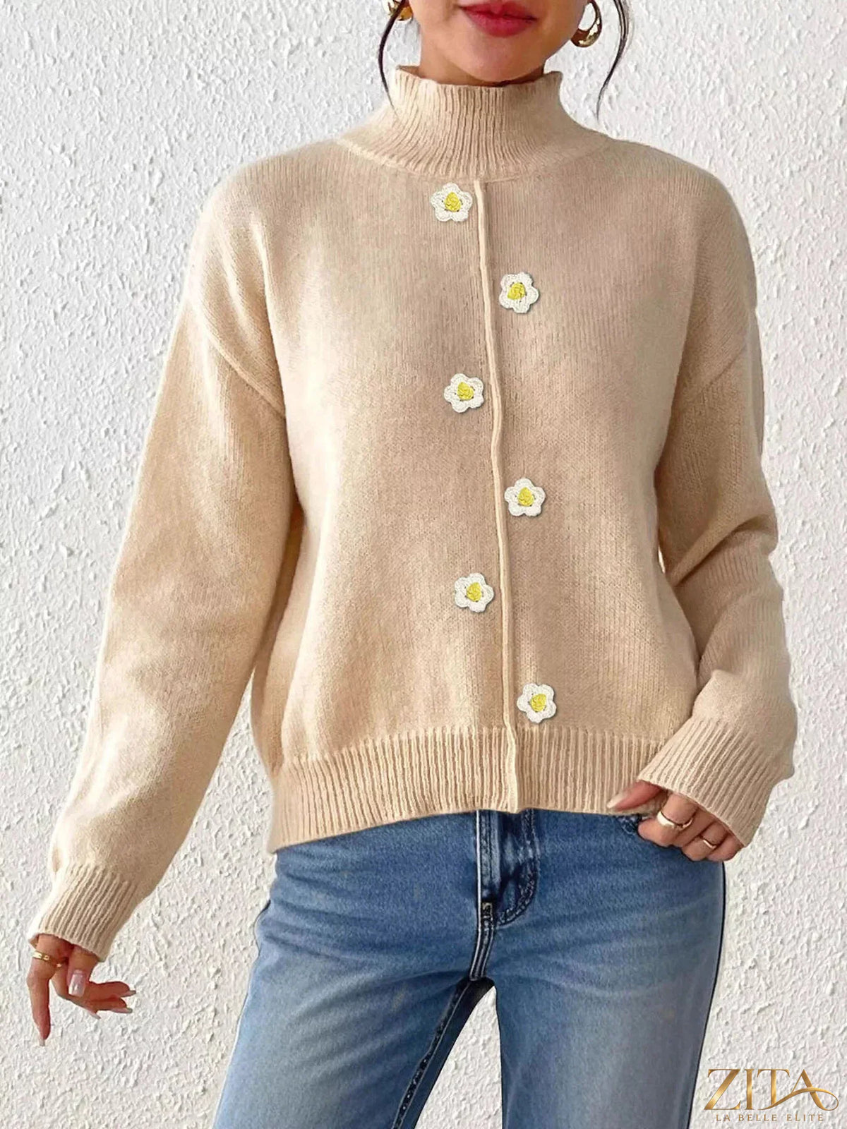 Zita La Belle Elite floral applique turtleneck sweater featuring intricate floral embroidery on a cozy knit fabric.