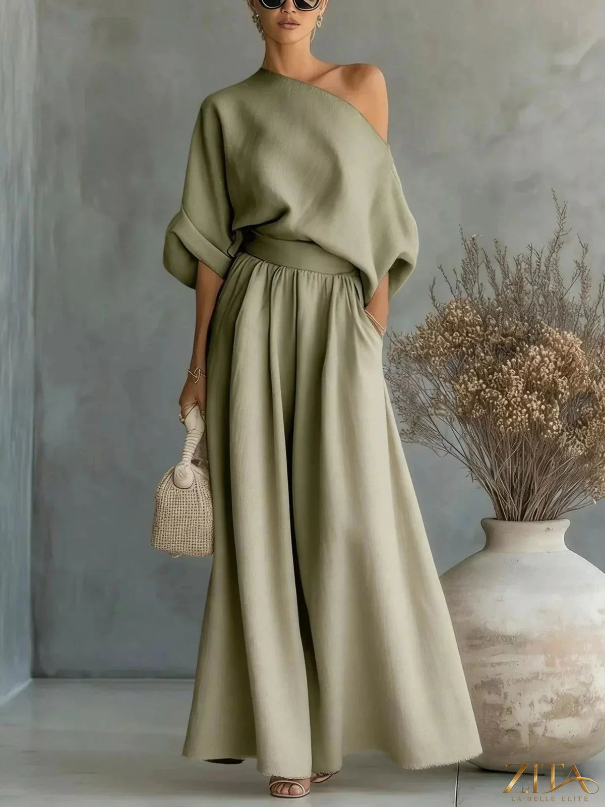 Plus size Zita La Belle Elite one-shoulder top and wide-leg pants set, stylish and comfortable for casual wear.