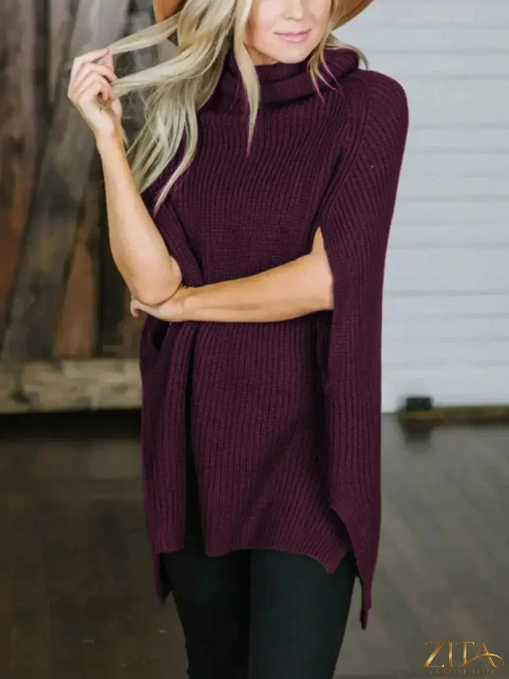 Zita La Belle Elite turtleneck slit sweater in soft knit fabric, featuring a high neckline and stylish side slit detail.