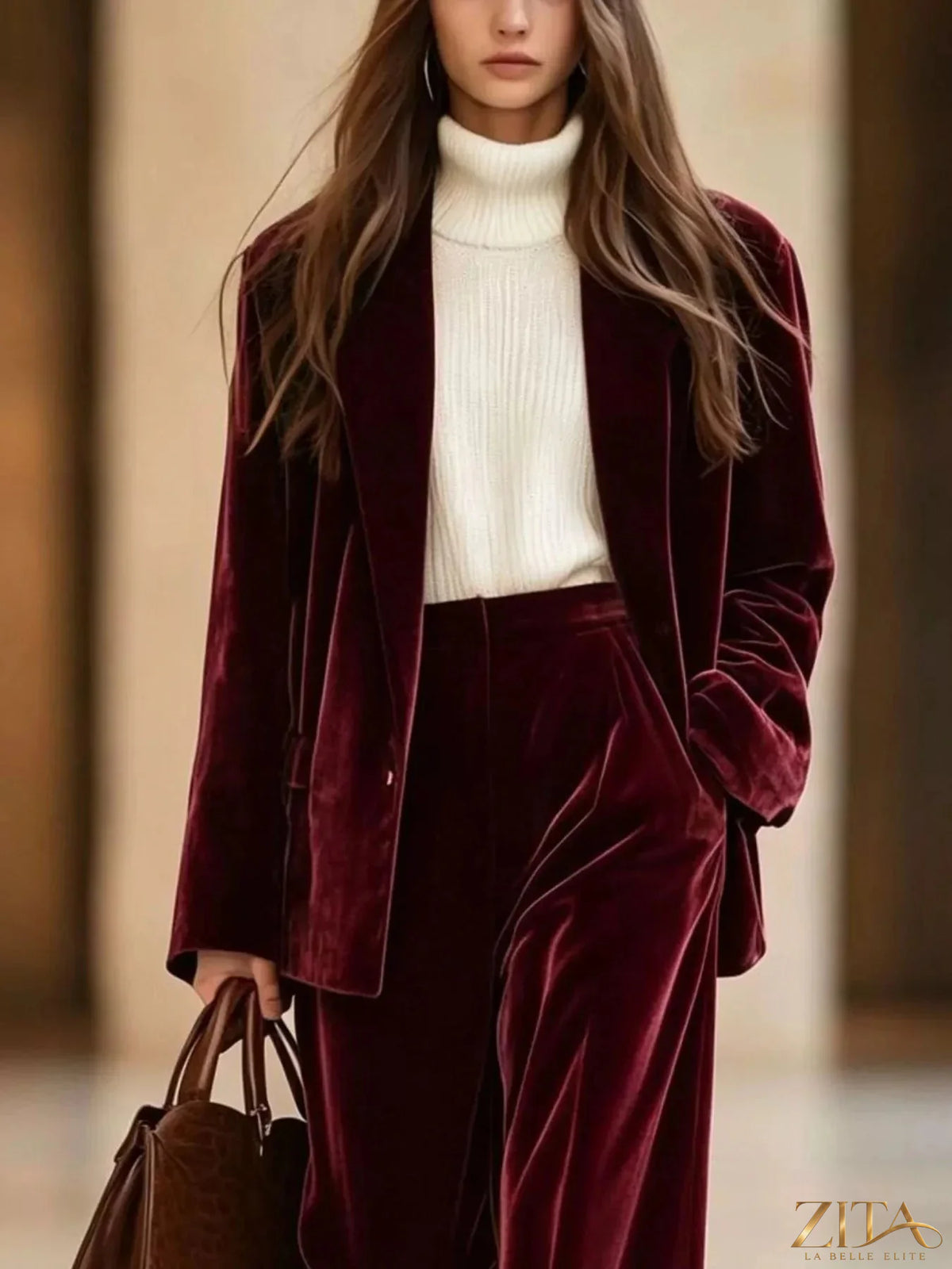 Zita La Belle Elite velvet blazer and wide-leg pants two-piece set, featuring a luxurious velvet fabric and tailored fit.