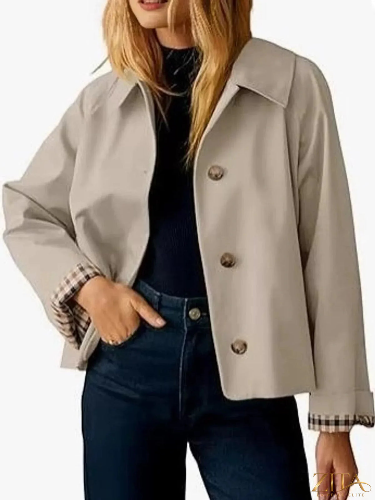Zita La Belle Elite plaid cuffs cropped trench coat with button details and belted waist, stylish outerwear for women