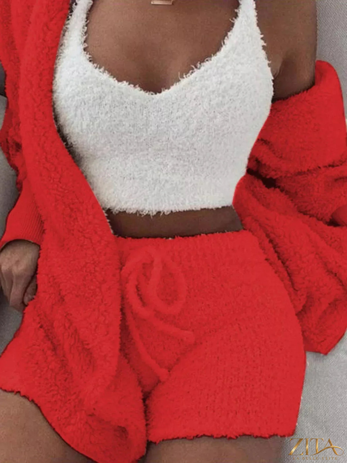 Plus size fuzzy plush cardigan lounge set by Zita La Belle Elite, featuring a cozy, soft cardigan and matching comfortable pants.