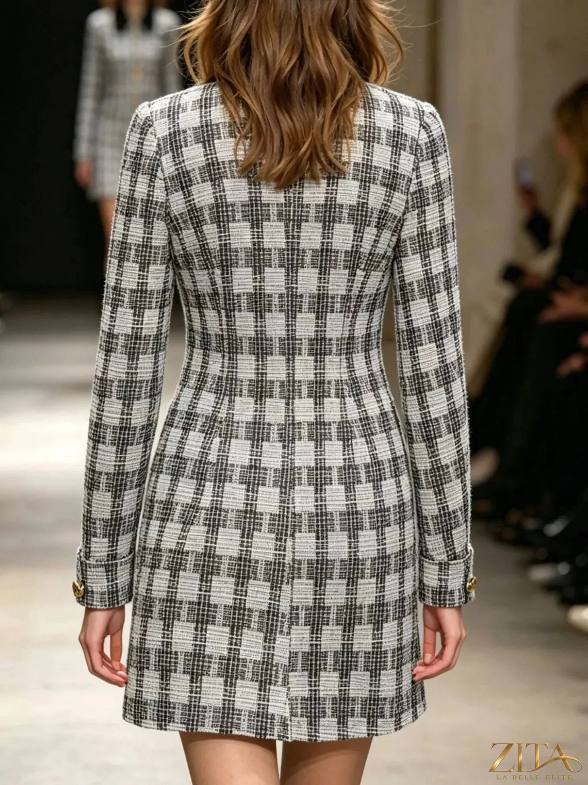 Zita La Belle Elite long sleeve plaid tweed button-down mini dress with a fitted silhouette and classic check pattern.