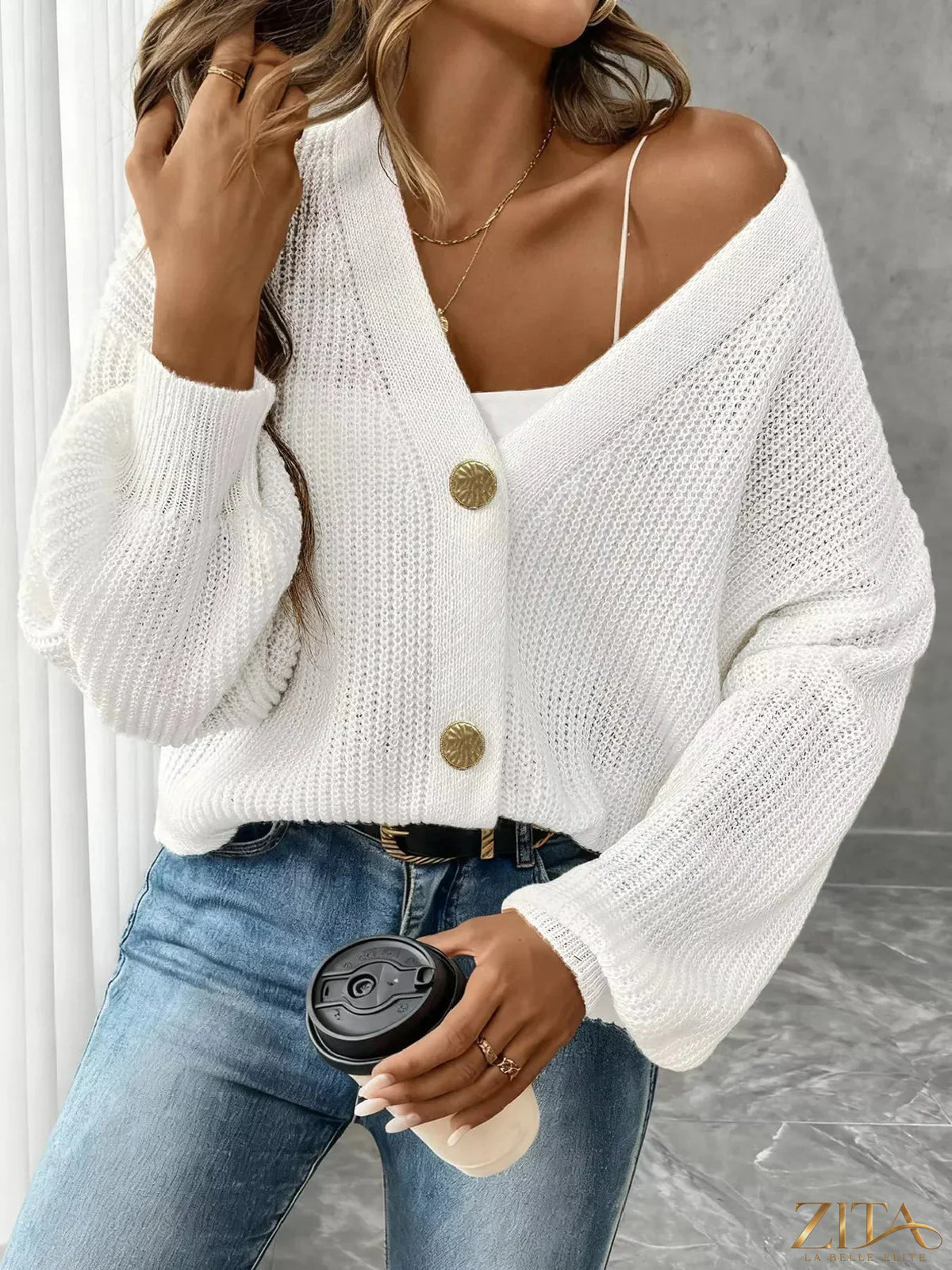 Zita La Belle Elite elegant V-neck button-down ribbed knit cardigan in soft, stylish fabric, displayed on a model.
