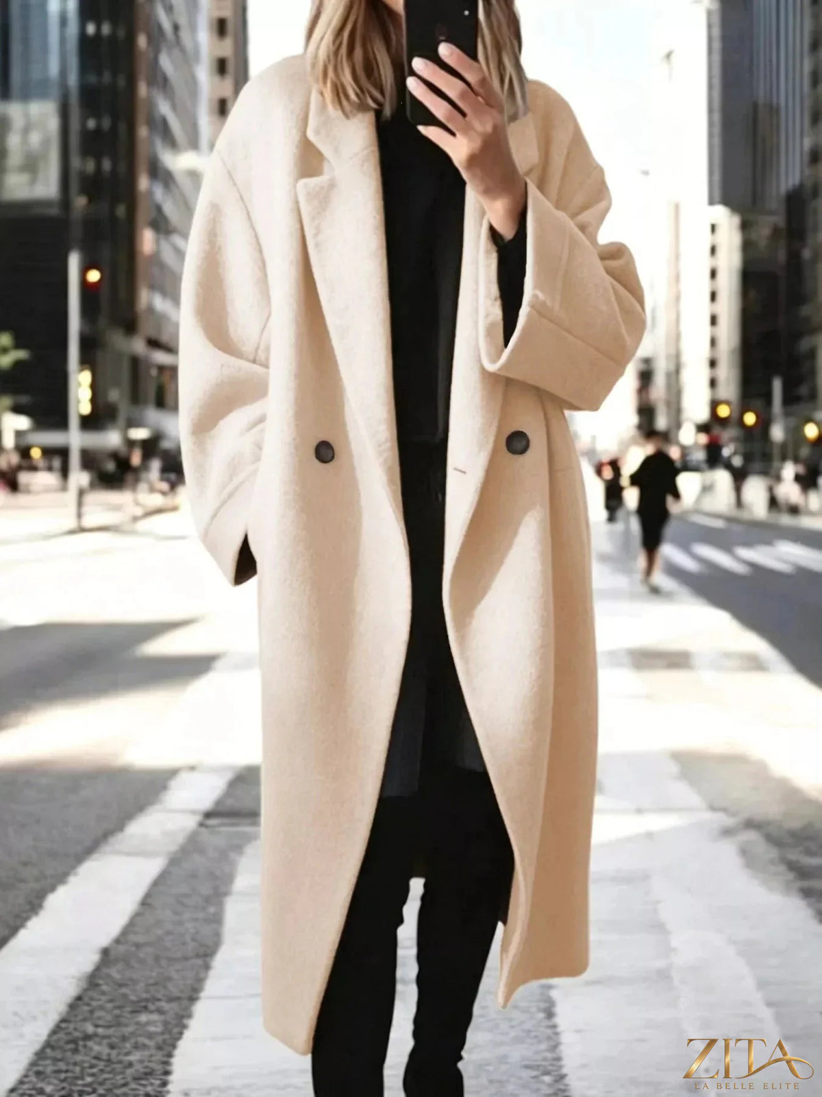 Plus size Zita La Belle Elite wool blend longline coat with lapel collar, full size, stylish and warm outerwear.