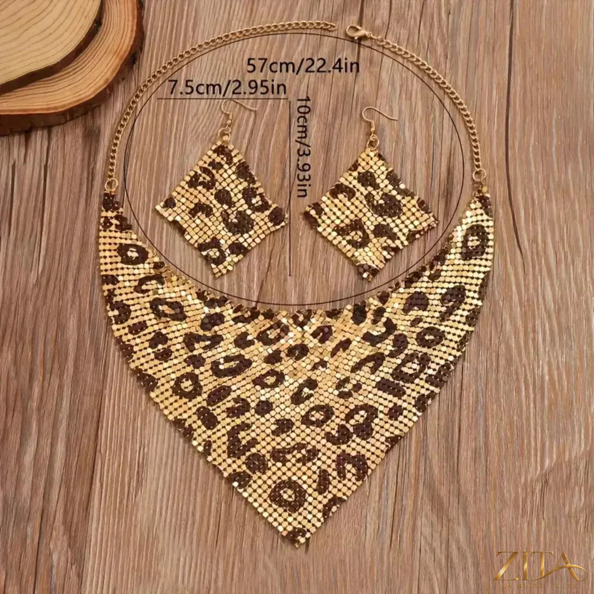 Leopard jewelry set with matching necklace and earrings featuring gold-tone metal and animal print design.