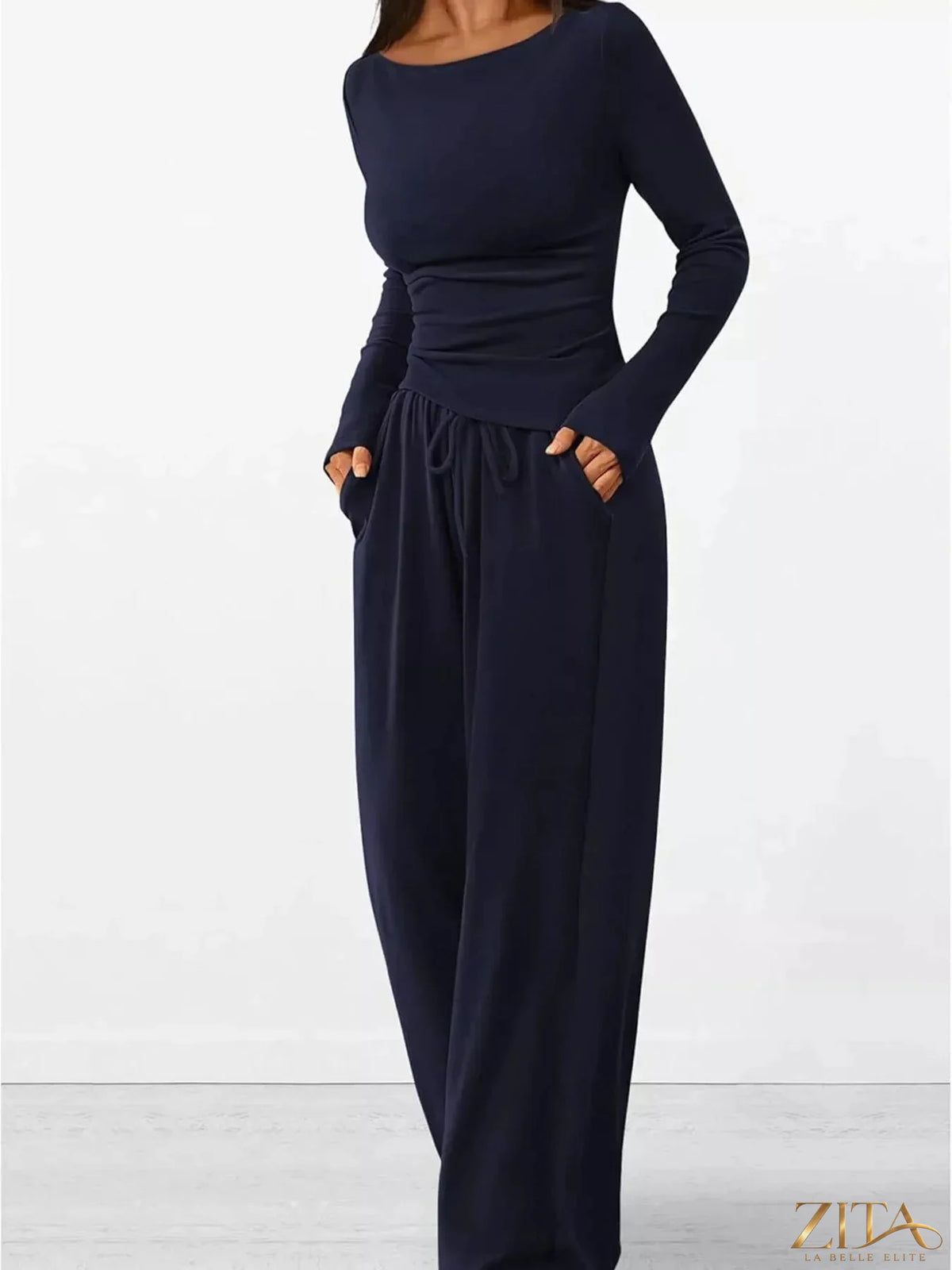 Zita La Belle Elite long sleeve top and wide-leg pants set in neutral fabric, fashionable and comfortable for casual wear.