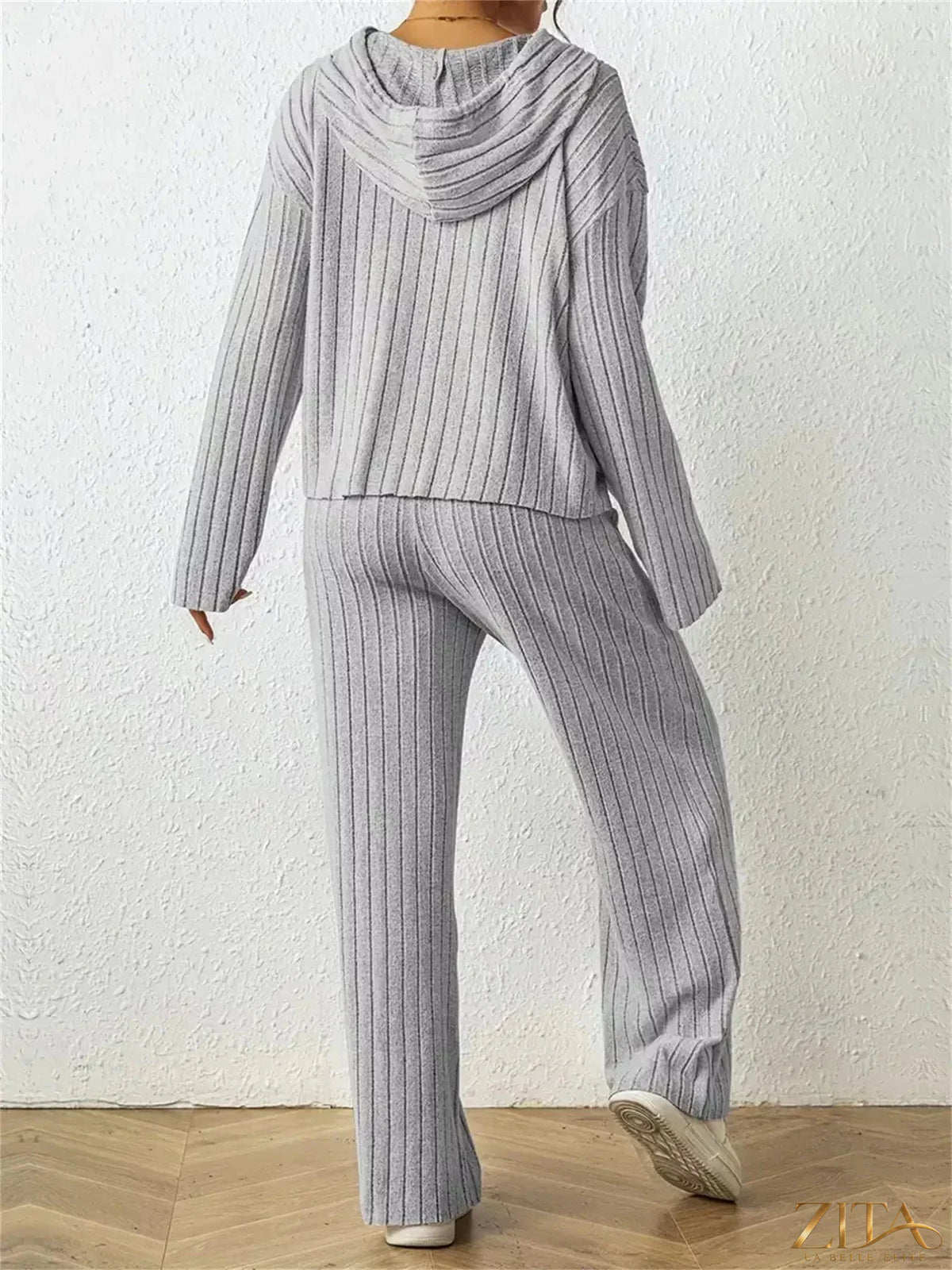 Zita La Belle Elite ribbed drawstring hoodie and matching pants set, soft fabric, casual loungewear style, in neutral color.